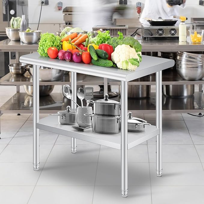  Stainless Steel Prep Table, 24 x 60 Inches, with Rounded-Corner, Adjustable Undershelf, Commercial Heavy Duty Table with Adjustable Under Shelf for Outdoor Use,Restaur