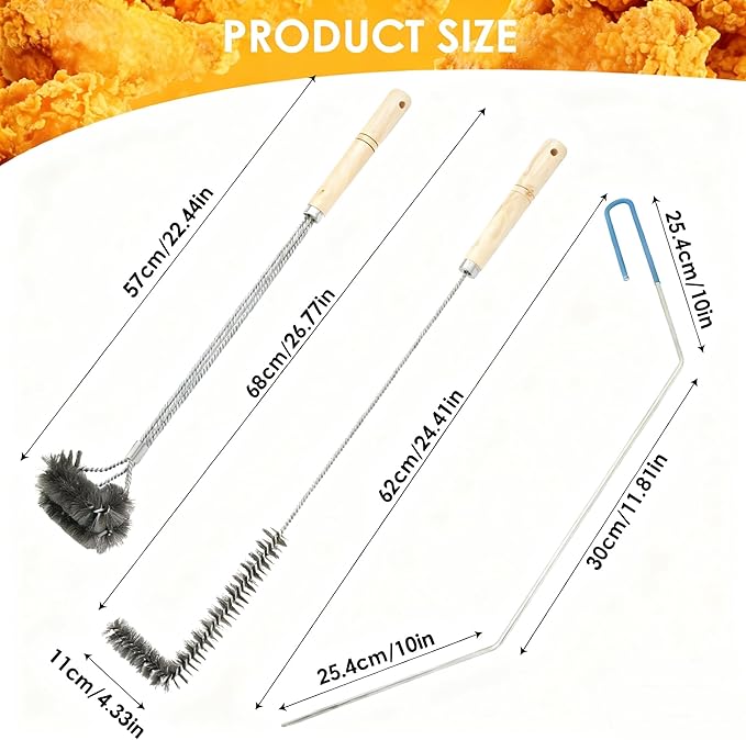 3Pcs Deep Fryer Cleaning Tools, Include L-Shaped Fryer Cleaning Brush Stainless Steel Bristle Fryer Cleanout Rod, Deep Fryer Basket Cleaning Brush Kit for Kitchen Restaurant Bakery