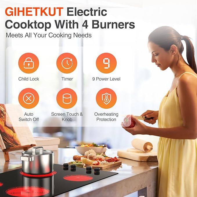 4 Burner Electric Cooktop,7200W Built-in & Countertop 4 Burner Electric Stove Top with 9 Power Levels, Child Safety Lock & 99mins Timer, 30 inch Electric Cooktop 220-240V (No Plug)