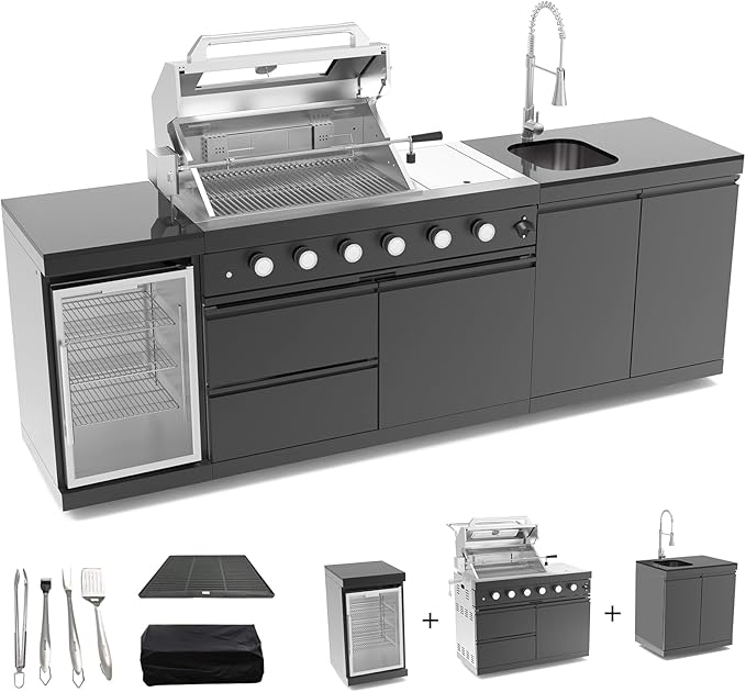 104 Inch Outdoor Kitchen Island, 7200 BTU Gas Grill Combination With Refrigerator and Sink, Outdoor Stainless Steel Barbecue Bar, Propane Grill for Patios, Gardens, Parties