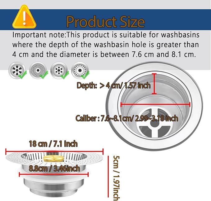 Kitchen Sink Drain Strainer Stainless Steel,Sink Food Catcher Press - Activated, Kitchen Sink Stopper and Drain Stop,Drain Cover Plug Filter Kitchen Sink,Sink Strainer Basket,Gold Kitchen Accessories