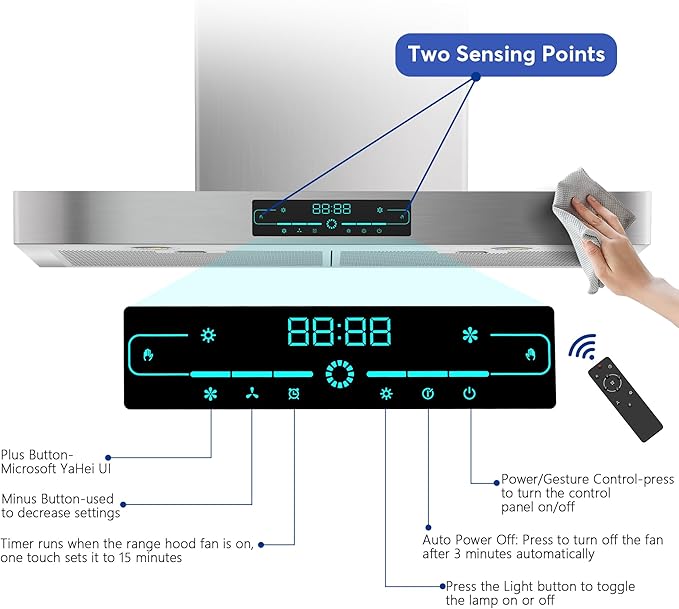 KMA-E30 Wall Mount Range Hood with 4-Speed Fan,900CFM Powerful Suction,30 Inch Stainless Steel Ducted Kitchen Vent Hood Extractor with Led Lights,Smart Touch Panel and Remote Control