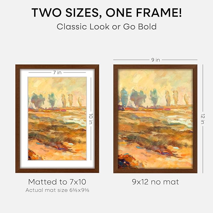 Homeforia 9x12 Picture Frame Brown, High End Dark Oak 9 x 12 Walnut Wooden Frames with Mat 7 by 10 Photo, 12x9 Wood Frame Matted to 7x10 Art, Wall or Tabletop Frame, Tempered Glass, Wall Kit, Set of 2