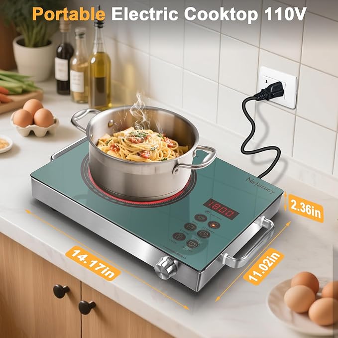 Single Burner Electric Cooktop 1800W, One Burner Electric Stove 110V, Countertop Electrics Burner with Knob & Touch Control, 180Mins Timer, 3 Cooking Mode & Safety Lock, 110V Plug in(Green)