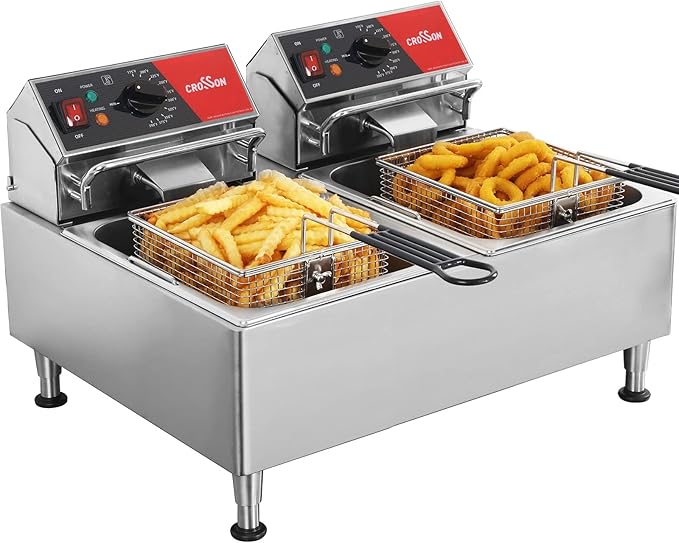 CROSSON ETL Listed Dual Tank 26Lbs Electric Deep Fryer with Solid Basket,Removable Oil Container and Height Adjustable Legs for Restaurant -120V,3600W Commercial Countertop Deep Fryer