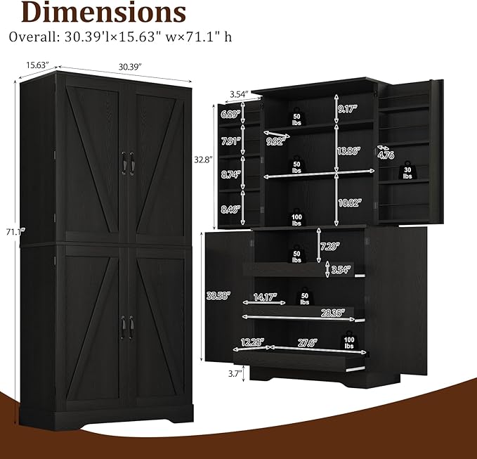 72" Kitchen Pantry Cabinet Storage, Farmhouse Pantry Cabinet with 8 Hanging Rack Shelves & 3 Pull-Out Racks, Pantry Storage Cabinet, Freestanding Cupboard for Kitchen, Dining Room, Black