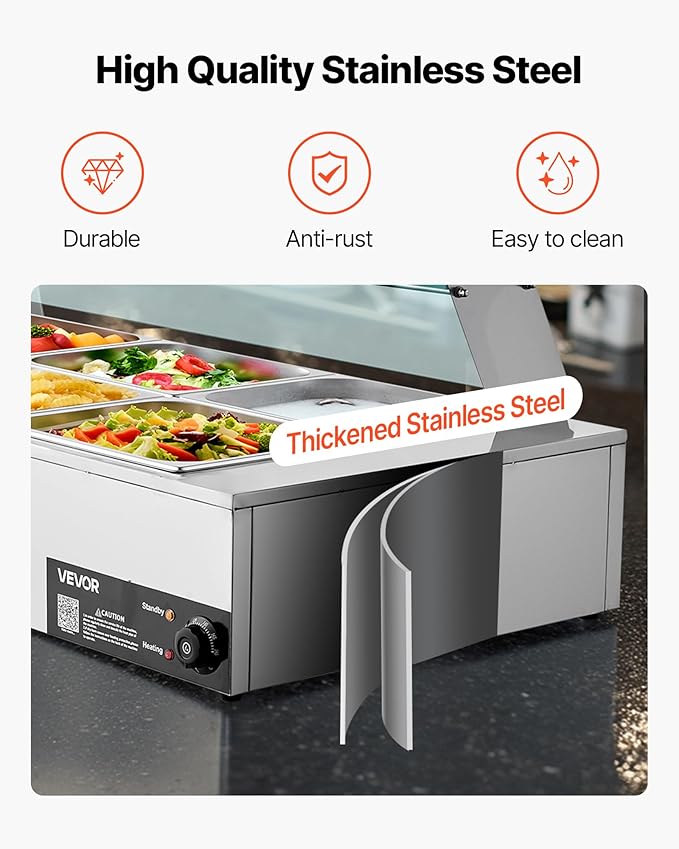 VEVOR Commercial Food Warmer, 1700W Electric Stainless Steel Steam Food Warmer with Glass Cover, 8-Pan Countertop Buffet Bain Marie with Soup & Perforated Ladles, for Catering, Restaurant & Party
