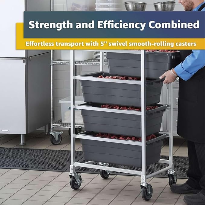 19"x26"x53" Mobile Aluminum Lug Rack with 4 Red Tote Boxes – NSF Heavy-Duty Commercial Storage Cart with 5" Swivel Casters, Portable Food Prep & Dishroom Utility Rack – Freezer Safe, 4 Lug Capacity