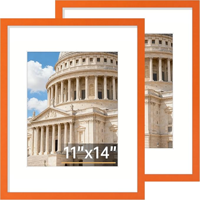 Vittanly 11x14 Picture Frame Set of 2, Solid Wood Frame for Wall Art Photo and Prints, Display Photo 8x10 with Mat or 11x14 without Mat, Orange