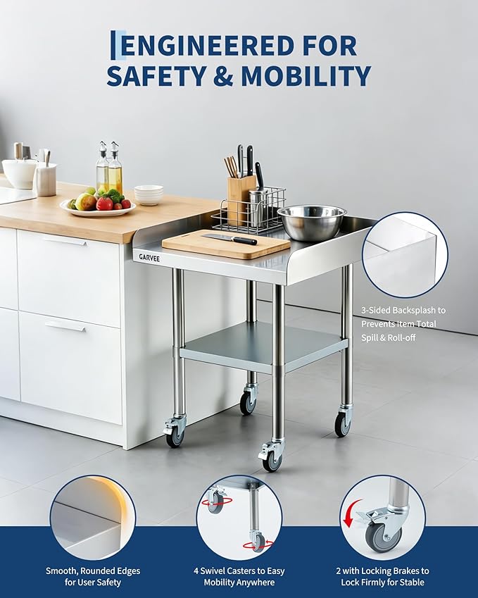 Garvee Stainless Steel Work Table, 30x30x26 Inch Commercial Food Prep Worktable with Wheels, Fixed 3-Sided Backsplash & Height-Adjustable Shelf, Heavy Duty Workbench for Kitchen Restaurant Garage