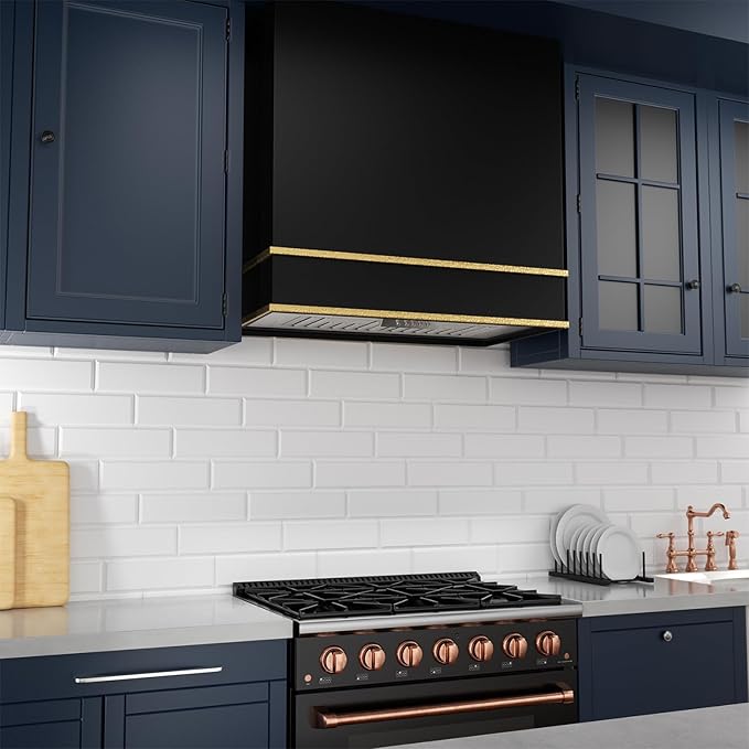 Akicon Range Hood 30 Inch, Stainless Steel Ducted Kitchen Hood with Powerful Motor, Wall Mount Modern Box, 30W X 30H X 14D Inch, AK-HS30HA-JBG (30 Inch, Jet Black with Gold)