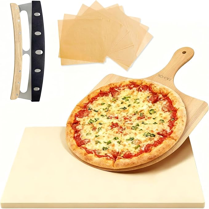 Rectangular Pizza Stone Kits 4PCS 12"x15",Cordierite Baking Stone for Grill & Oven,Cutter Rocker Stainless Steel &10pcs Cooking Paper and Peel Paddle-Durable and Pizza Oven Accessories