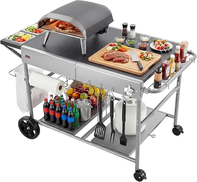 VEVOR Outdoor Grill Cart, 36.4 x 23.4 x 1 inch Tabletop Size Grilling Table, Movable Outdoor Cooking Table with 4 Spice Containers, Wheels, Lids, Hooks, BBQ Prep Tables for Picnic, Kitchen, Courtyard