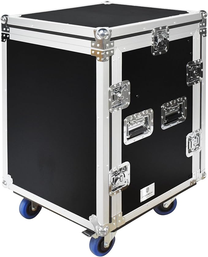 PRORECK 14U Rack/Road Case With Slant Mixer Top, One Side table And Casters, 20'' Rackable Depth, Plywood, 14U Installation Size, Pro Stage Performance.