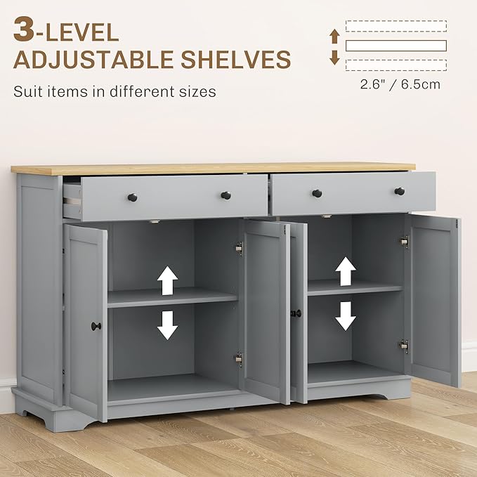 HOMCOM Sideboard Buffet Cabinet with Storage, 55" Modern Kitchen Cabinet with 4 Doors, 2 Drawers and 2 Adjustable Shelves, Coffee Bar Cabinet, Gray