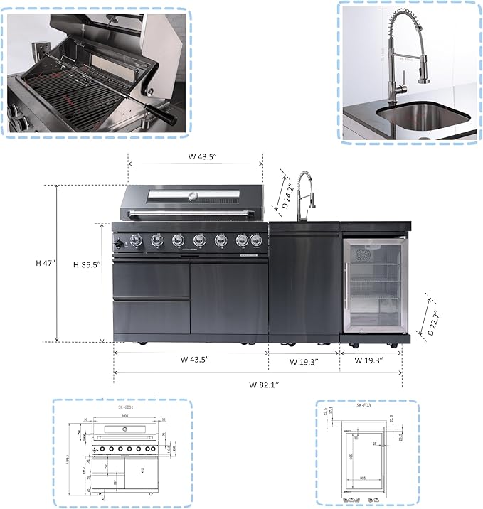 82 Inch Natural Gas Outdoor Kitchen Island with Grill - 6-Burner 85000 BTU, Height-Adjustable Infrared Rear Burner, Built-in Sink/Refrigerator/Wine Cooler, Granite Countertops & Rotisserie Kit