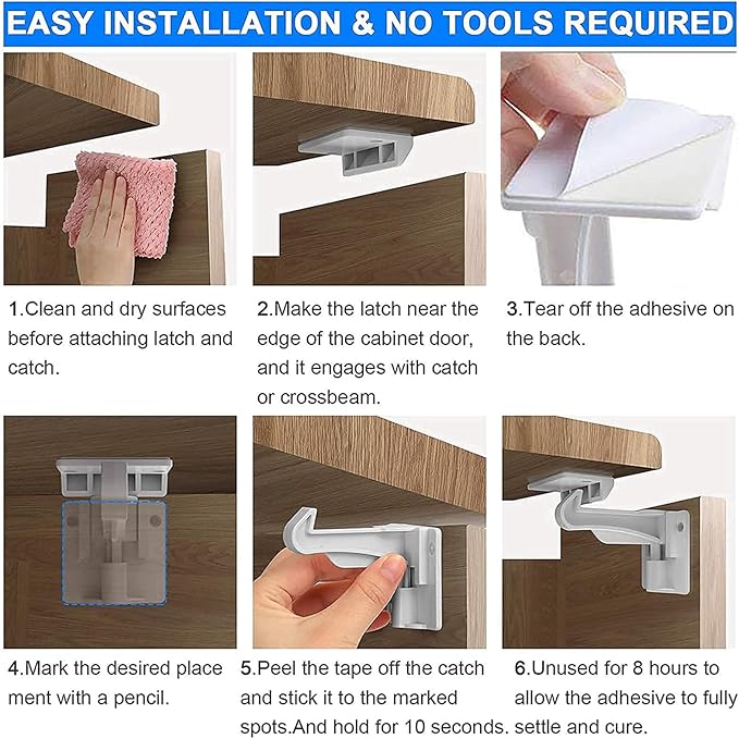 12 Pack Upgraded Invisible Baby Proofing Cabinet Latch Locks - No Drilling or Tools Required, Children Proof Cupboard Drawers Latches, Works with Most Cabinets and Drawers - Adhesive Easy Installation