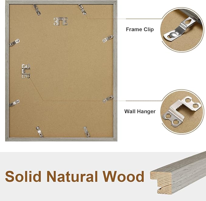 Vittanly 11x14 Picture Frame, Solid Wood Frame with Plexiglass, Includes 8x10 Mat, Wall Hanging for Photos, Home Decor, Grey, 1 Pack