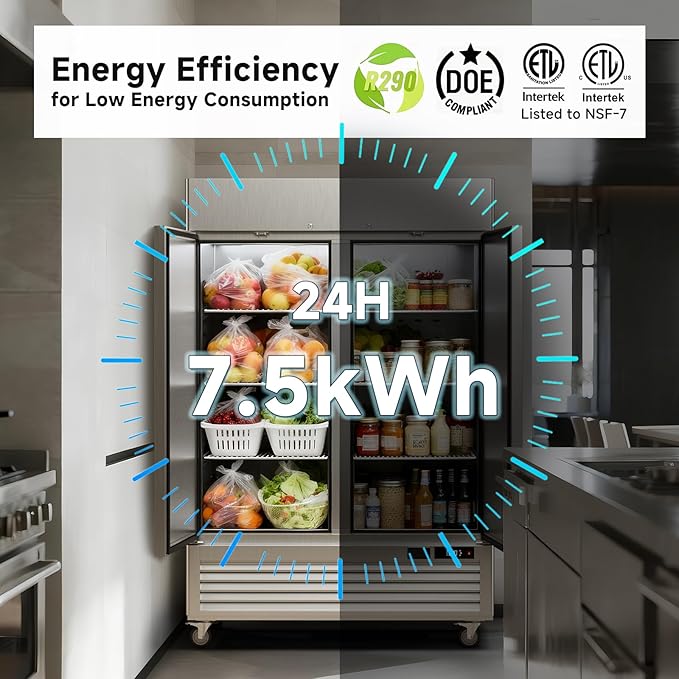 VEECOOL 54.4" W Commercial Refrigerator WiFi Enabled Stainless Steel 2 Door Reach in Fridge with Smart App Control, 49 Cu.Ft Fan Cooling Upright Fridge for Restaurant Bar Cafe Garage