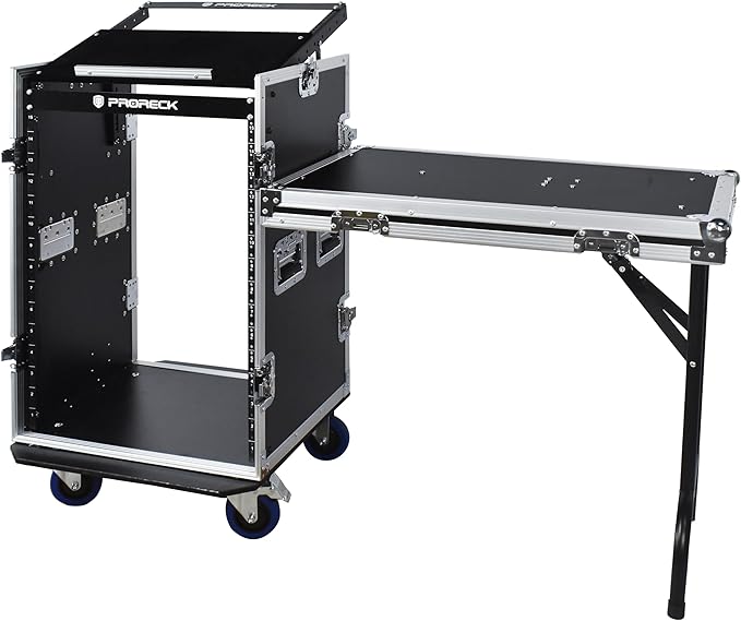 PRORECK 16U Rack/Road Case with Slant Mixer Top, One Side Table and Casters, 20'' Rackable Depth, Plywood, 16U Installation Size, Pro Stage Performance