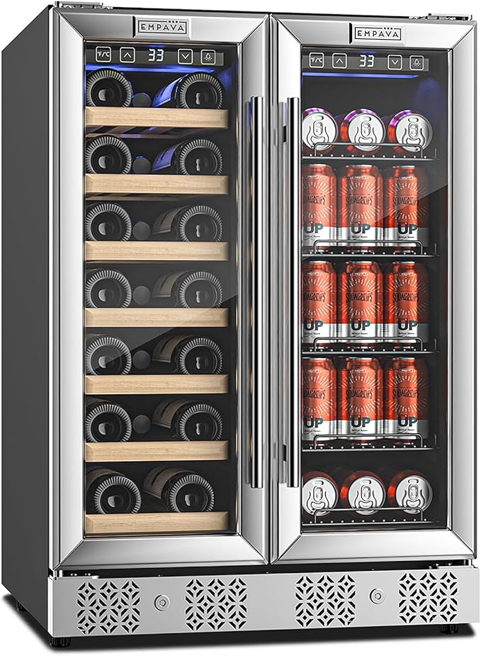 Empava Wine and Beverage Refrigerator, 24 inch Dual Zone Wine and Beverage Cooler 78 Cans and 20 Bottles Capacity, Built-in or Freestanding Wine Fridge with Glass Doors and LED Light