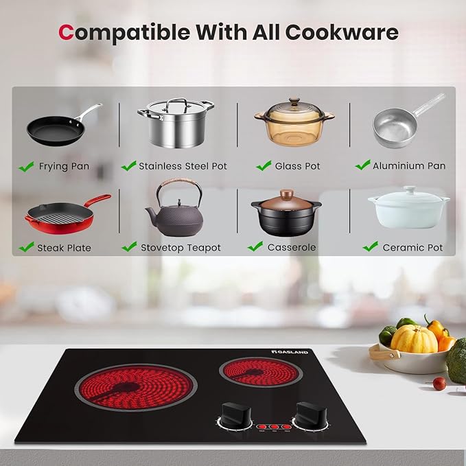 GASLAND Apartment Electric Cooktop 2 Burners, 21 Inch Built in Radiant Glass Stove Top, UL Certified, 3700W Ceramic Electric Stovetop, 9 Heating Levels, Knobs Control, Instant Heating Up, 240V