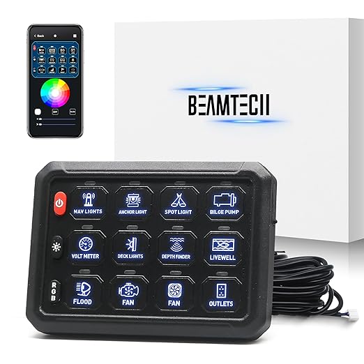BEAMTECH 12 Gang Switch Panel, APP Remote Control RGB Toggle Momentary Pulsed Circuit Control Relay System Box Auxiliary Touch Control Switch LED Light Controller for Car Truck Van Off Road
