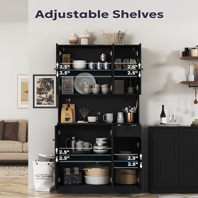 71" Pantry Cabinet with Charging Station, Tall Kitchen Pantry Storage Cabinet with Microwave Stand, Farmhouse Kitchen Hutch with Storage Drawer for Living Room, Dining Room, Black