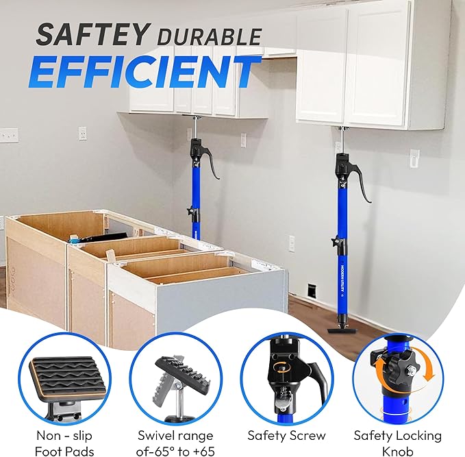 Adjustable Cabinet Jacks for Installing Cabinets (22.8-45.3 Inches 2 Pack) Heavy Duty 200 lb Metal Quick Support Rod & Third Hand Support System with Swivel Non-Slip Pads for Drywall and Ceilings.