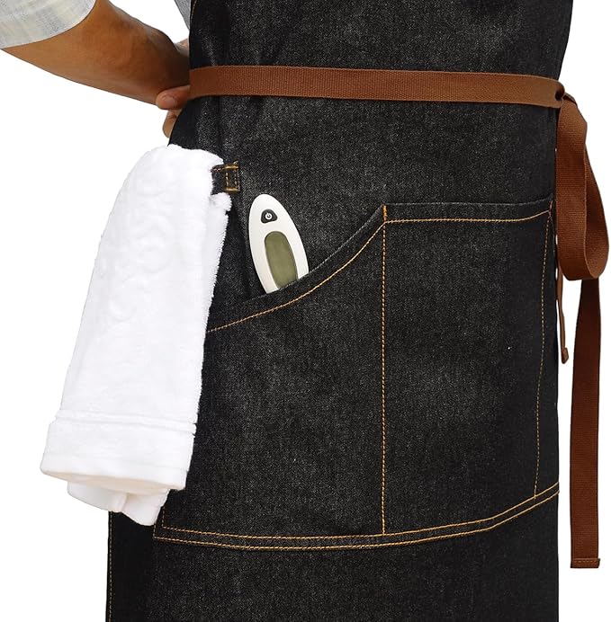 Apron with Pockets, Mens Womens Chef Bib Apron for Kitchen Cooking Grill BBQ Baking Server with Towel Loop