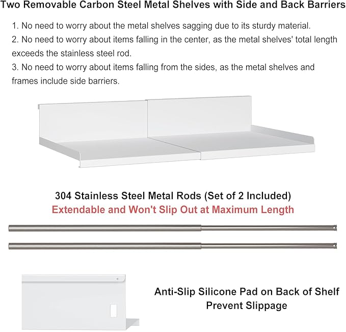 Expandable Under Cabinet Shelf Organizer with 0.94-Inch Thick Clips, Heavy Duty Extendable Under Shelf Storage Basket for Pantry or Laundry Room, White, 2 Pack, Interior: 4.13" H x 8.54" D