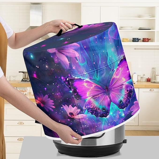 Dust-proof Kitchen Appliance Protector Cover 3 Quart Pressure Cooker/Air Fryer/Rice Cooker Cover with Top Handle and Storage Pocket Purple Flowers Print Home Kitchen Decorations
