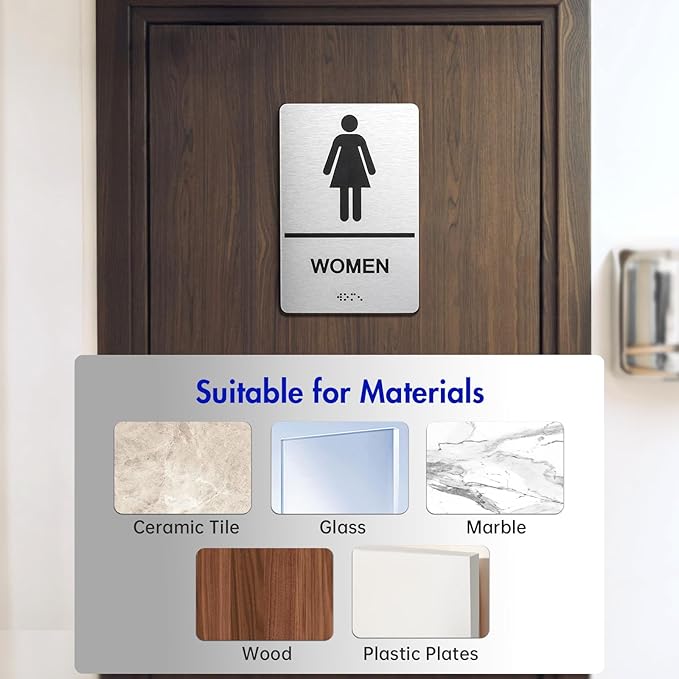 Bathroom Signs, Men's & Women's Restroom Signs for Business, Brushed Aluminum ADA Raised Braille Restroom & Bathroom Door Sign with Strong Self-Adhesive, Silver Size 9'' X 6 '' （2 Pieces Set）