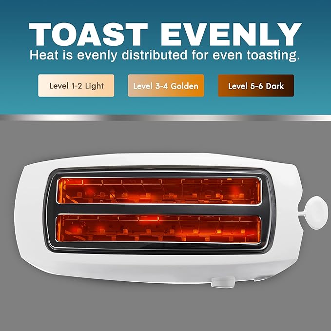 Elite Gourmet ECT-4829 Long Slot 4 Slice Toaster, 6 Toast Settings Toaster Defrost, Reheat, Cancel Functions, Slide Out Crumb Tray, Extra Wide Slots for Bagels Waffles, White