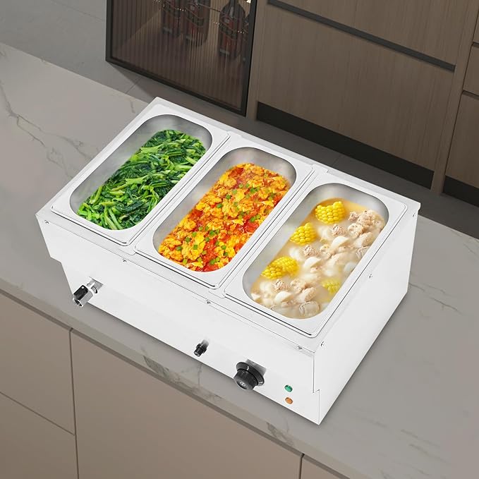 3-Pan Countertop Food Warmer Electric Steam Table for Buffet Commercial Stainless Steel Buffet Warmer Steam with 3 Stainless Steel Covers 110V 850W 7L Large Capacity
