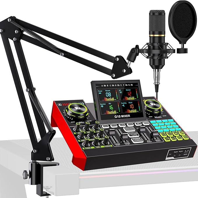 Podcast Equipment Bundle with 3.5mm Condenser Microphone for Pc/Phone Live Streaming Singing Gaming, Podcast Microphone Bundle with Live Sound Board Audio Mixer Denoise,DJ Sets