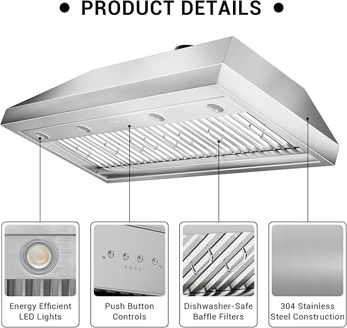 CT Copper Tailor 42-inch Range Hood Insert with Inline Remote Blower,1260CFM Kitchen Vent Hood, 4-Speed Exhaust Fan, 4 LED Lights, 8" Round Ducted,Baffle Filters, in Stainless Steel