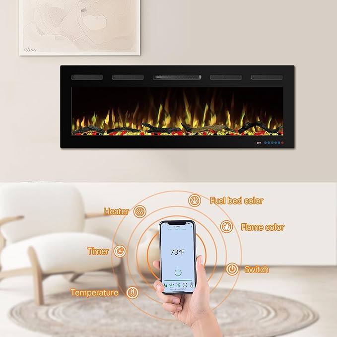 80" WiFi Electric Fireplace Inserts, Recessed and Wall Mounted Fireplace Heater W/Adjustable Flame Color & Brightness, Thermostat, 9H Timer, App and Remote Control, 750/1500W