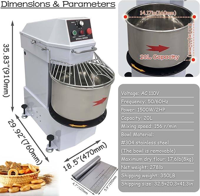 INTSUPERMAI Commercial Dough Mixer Machine Electric Food Mixer with Removable Bowl Double Action Spiral Mixer for Schools Bakeries Restaurants Pizzerias 110V 20 L / 20 QT Capacity