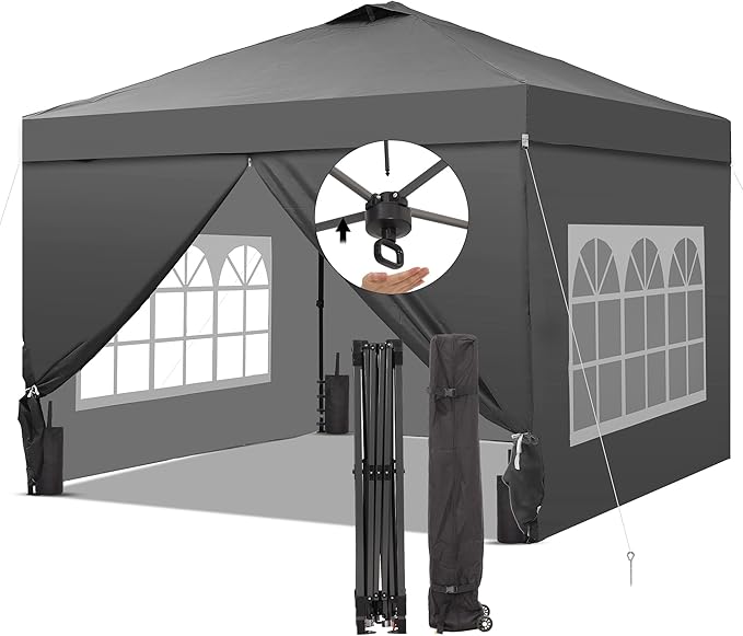 Saemoza 12x12 Pop Up Canopy Tent with One Push Setup, Portable Sun Shade Tent, Instant Easy Up Canopy with 4-Sidewalls & Wheeled Bag, Outdoor Fldable Gazebo with Vent Top, Grey.