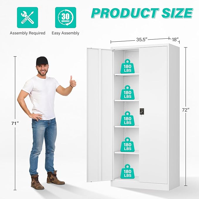 SISESOL Wide & Deep Metal Storage Storage Cabinet with Adjustable Shelves,White Metal Cabinet with Lock,Steel Pantry Cabinets,72" Lockable Cabinets for Home,Office,Garage,Kitchen,Shop