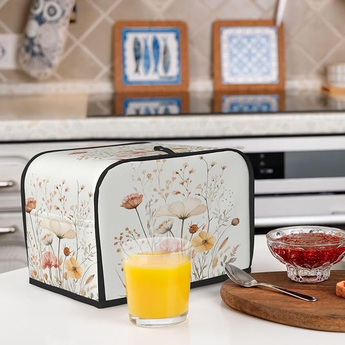 2 Slice Toaster Cover for Kitchen Watercolor Flower Botanical Waterproof and Dustproof Toaster Dust Cover with Side Pockets Decorative Universal Cover for Wide Slot Toasters and Small Appliances