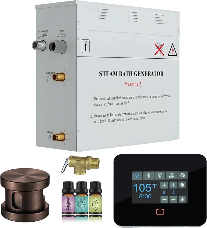 Builders Series 6kW Steam Bath Generator with Quickstart Continuous Steam, Black Digital Touch Pad, Built-in Auto-Drain, and Aroma Steamhead in Oil Rubbed Bronze