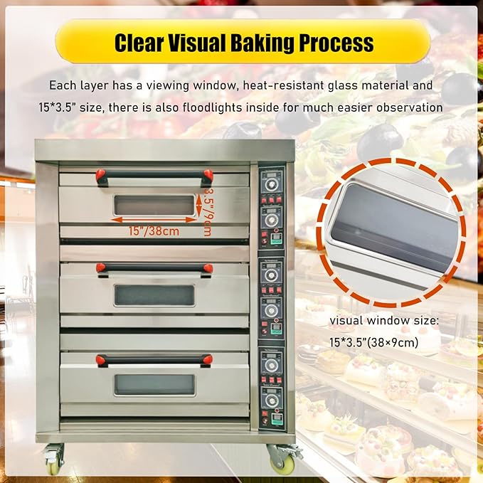 Commercial Pizza Oven Electric Heating Triple Pizza Oven Electric Pizzeria Baking Equippment with Three Layer and Six-Plates Capacity, AC220V Triphase