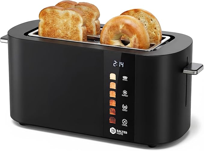 Toaster 4 Slice Wide Slot, Bagel Function, Long Slot, Stainless Steel, Touch Screen, Built-in Rack, Extra-Wide 1.5" Slots for Thick Breads & Bagel, Timer, BPA-Free, Removable Tray, Black