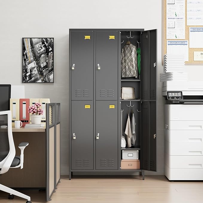 METAN Metal Locker for School Office Gym Bedroom,6 Doors Steel Storage Lockers Cabinet for Employees,Industrial Storage with 1 Shelf,Assembly Required,Black
