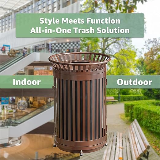 45 Gallon Commercial Brown Waste Bin with Flat Lid & Door, Heavy-Duty Outdoor Trash Can Steel Slatted, Round Recycle Container, Durable Garbage Can for Parks, Municipalities, Schools, Parking