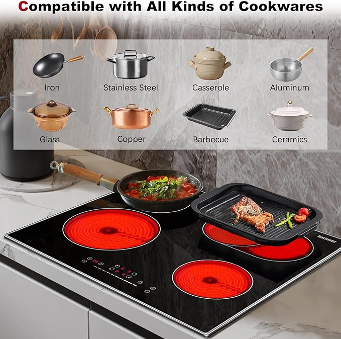 Karinear 4 Burners Electric Cooktop 24 Inch, 220-240v Built-in Electric Ceramic Cooktop with Glass Protection Metal Frame, Expandable Burners, Slider-Touch Control, Multi-function Elecric Stovetop