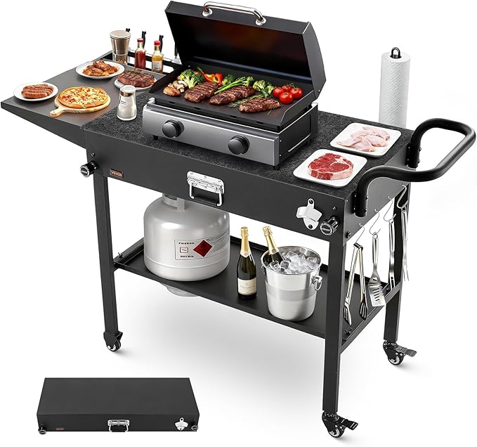 VEVOR Outdoor Grill Cart, 31.0 x 17.0 inch Tabletop Size Grilling Table, Foldable Outdoor Cooking Table with Tissue Holder, Hooks, Wheels, Side Table, BBQ Prep Tables for Picnic, Kitchen, Courtyard