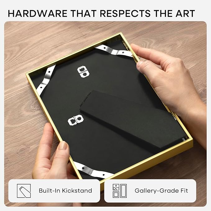 Homeforia 9x11 Gold Frame, High End Metal 9 x 11 Picture Frames with Mat 6 by 8 inch Photo, 9by11 Thin Poster Frame Matted to 6x8 Print, 11x9 Wall or Tabletop Frame, Tempered Glass, Wall Kit, Set of 3